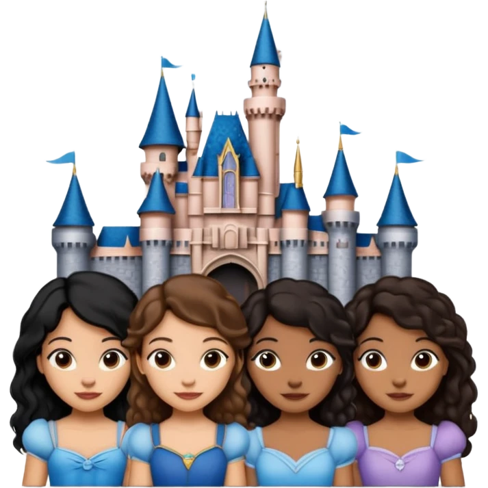 Quiero que crees una imagen donde este el castillo de Disney y por detrás o delante pon a quatro chicas: una con el pelo largo rizado marrón , otra con el pelo muy corto negro, otra con el pelo mediano liso marrón y otra con el pelo negro largo liso emoji