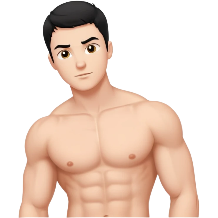 young white man with short black hair, shirtless, muscular emoji