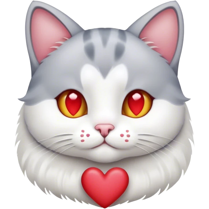 grey and white cat with hearts emoji