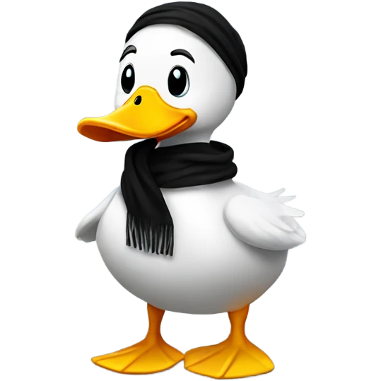 Happy duck that crossed the road and is black. Wearing a scarf emoji