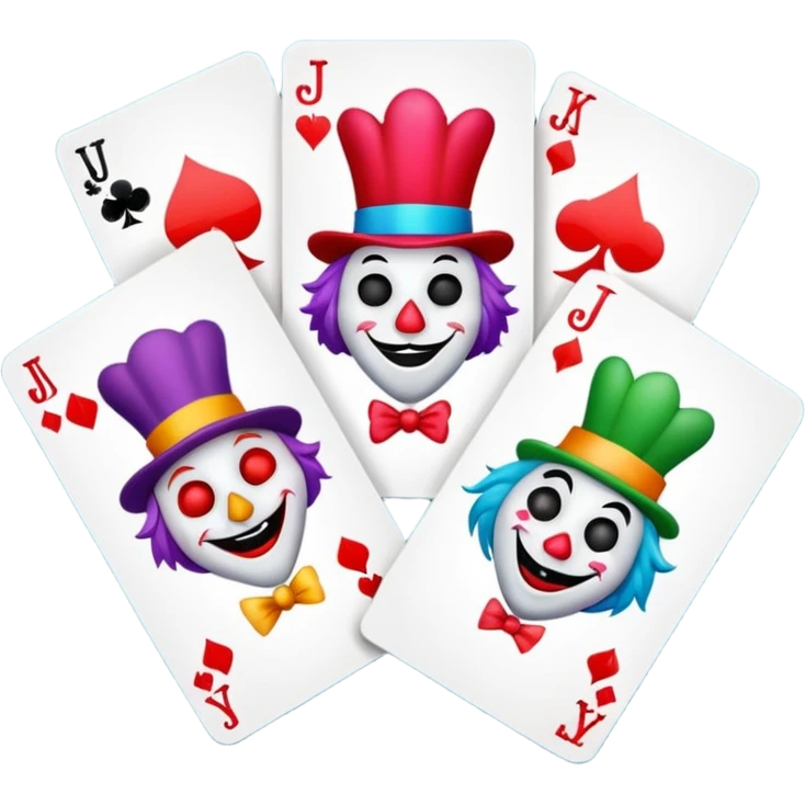 bunch of 3 poker cards, with crazy colorful jolly jokers inside, inversed face emoji