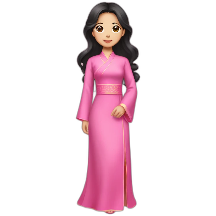 asian girl with fair lips, wavy black hair posing with pink ao dai full body emoji