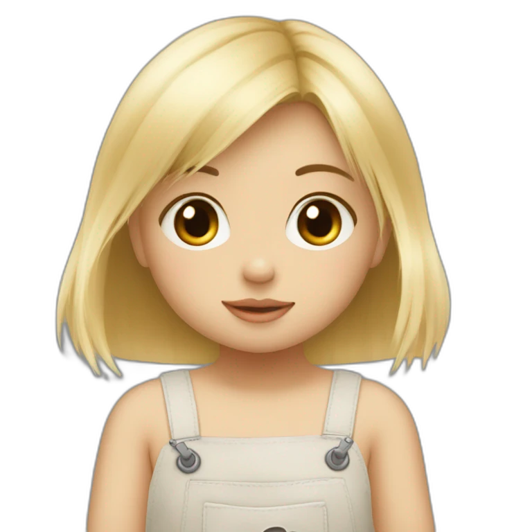 bébé fille blonde décoiffée assise avec une peluche Totoro  emoji