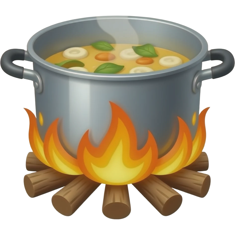 the food is cooked in a pot over a campfire drawn with white lines emoji