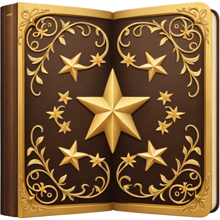An open, ornately decorated book rendered in a highly detailed. The book's cover, framed with a broad, golden border, is a rich, dark brown, embellished with intricate golden filigree designs, including scrolling vines and decorative stars. emoji