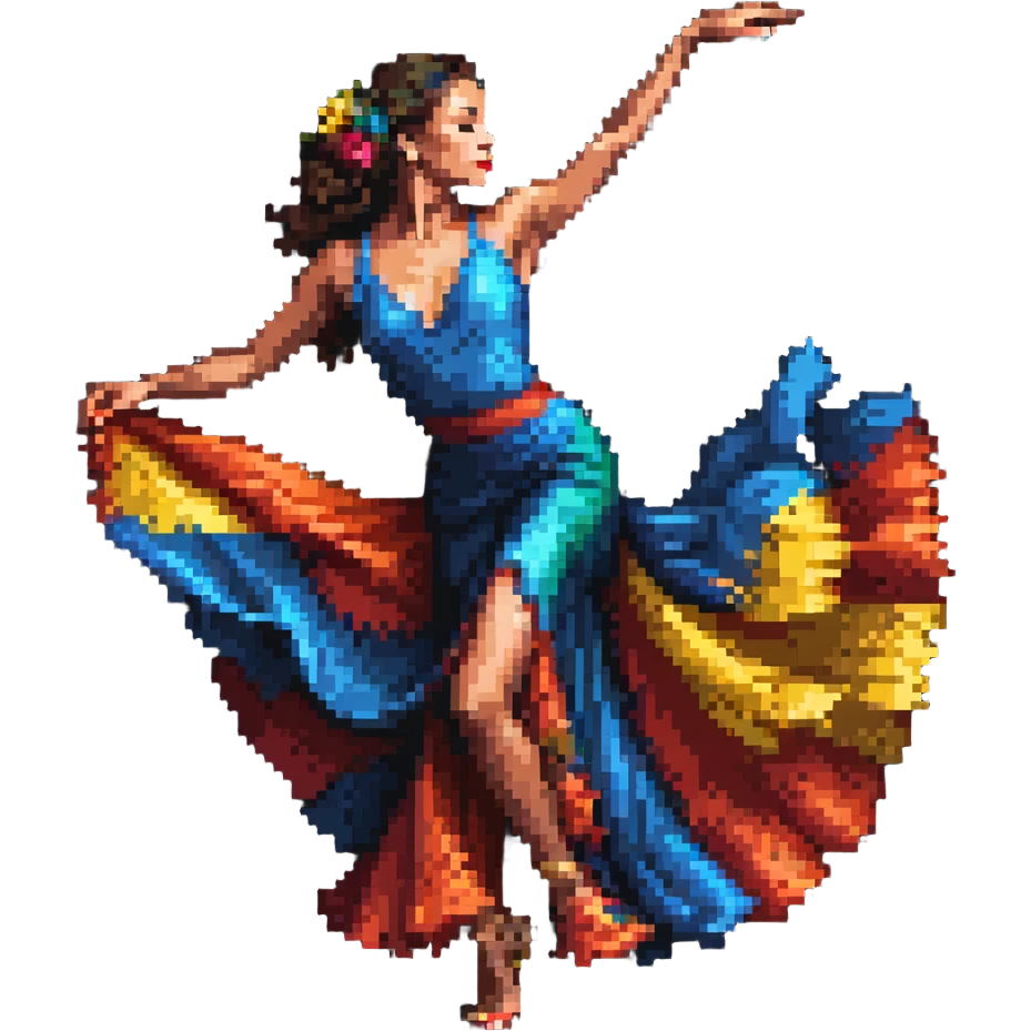 Colombian salsa dancer woman in flowing dress, dynamic dance pose, vibrant colors emoji