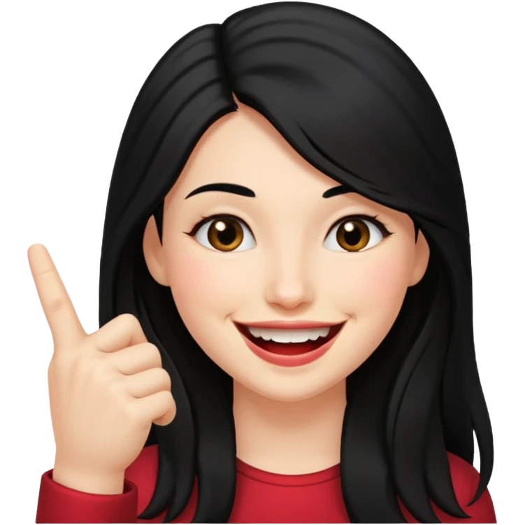 Haz una imagen de una mujer con cabello negro largo , con una sonrisa en su cara y la punta de su dedo indice mordido entre sus dientes emoji