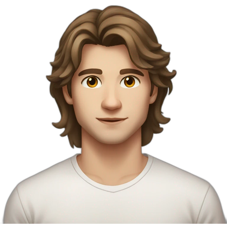 22 years old, Russian guy, long brown shoulder-length hair, white T-shirt, brown eyes emoji