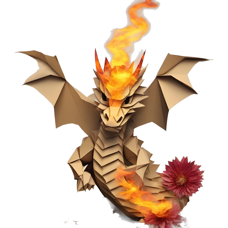 Charred flaming fiery Beige Origami dragon made of newspapers on fire letters on fire burnt paper surrounded by fairy lights swirls covered in dried flowers bokeh floral flowers fire flames emoji
