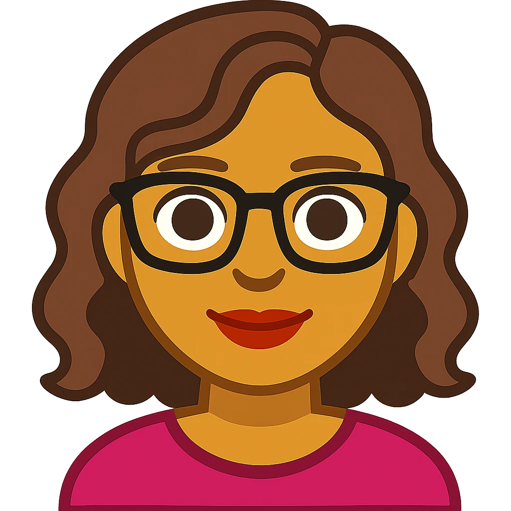 emoji de mujer linda de tez morena clara, rostro redondo u ovalado, ojos marrones, cabello ondulado marrón, labios medianos y gafas, estilo cartoon colorido emoji