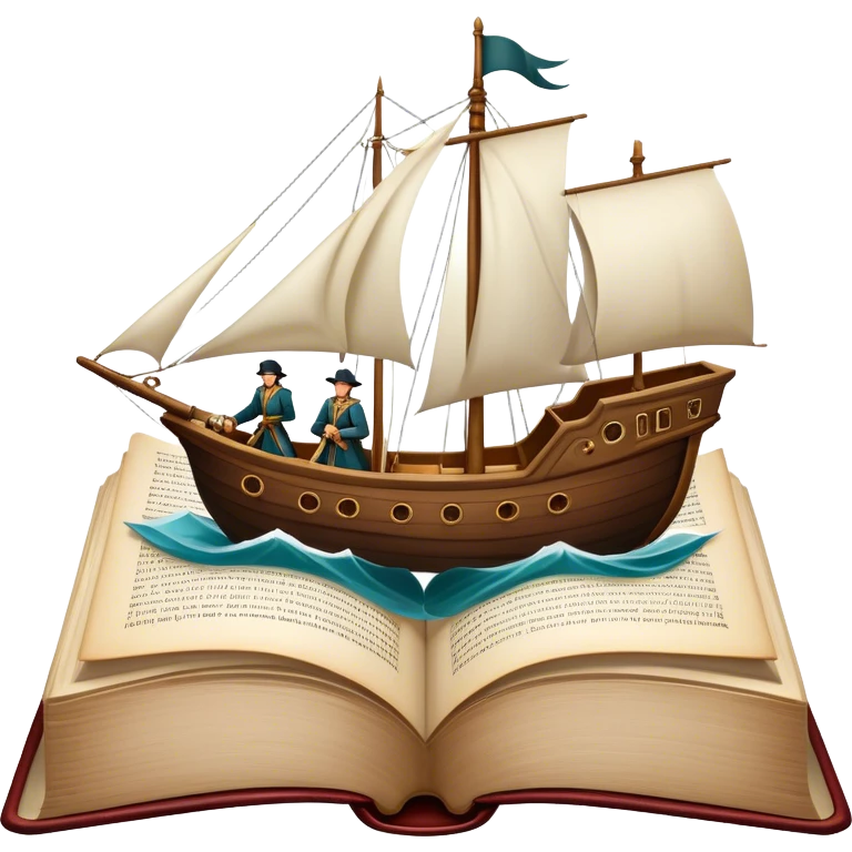 Icon for Reading Fiction: a large open book with pages turning, Musketeers on horseback, Sherlock Holmes and other literary elements, a sailboat sailing across the pages. The icon should evoke the adventurous spirit of storytelling. Transparent background. emoji