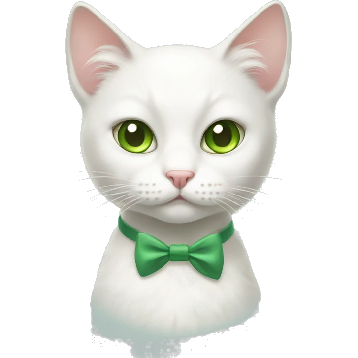 white cat with amber and green eyes and a bow emoji