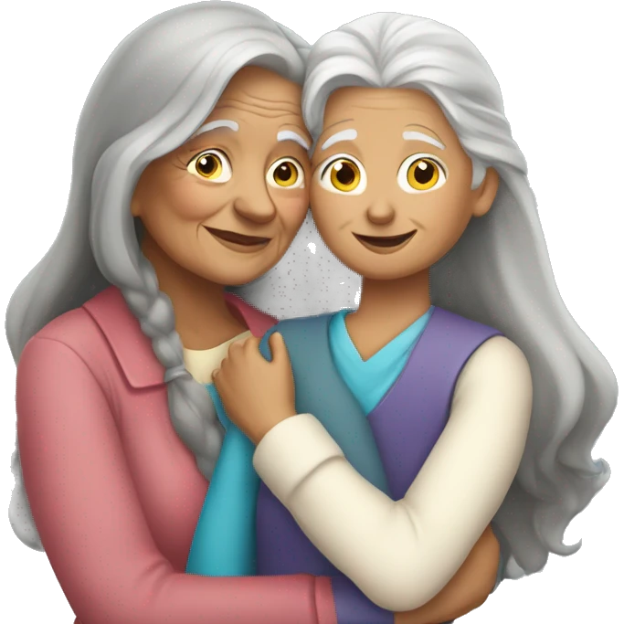 Grandma with long grey hair hugging a teen girl with long briwn hair emoji
