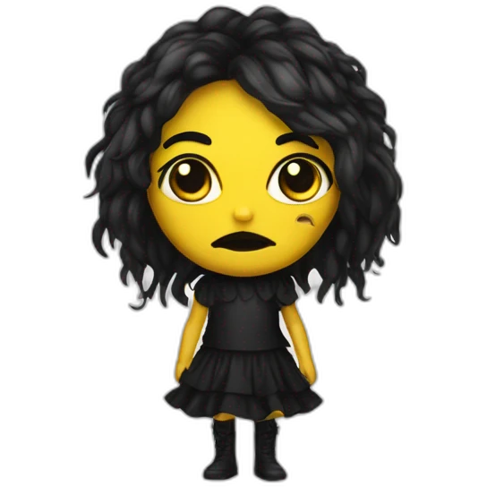 Create creature similar to human with red skin, black long hair, yellow eyes (black white of the eye), in black lather dress, black lips emoji