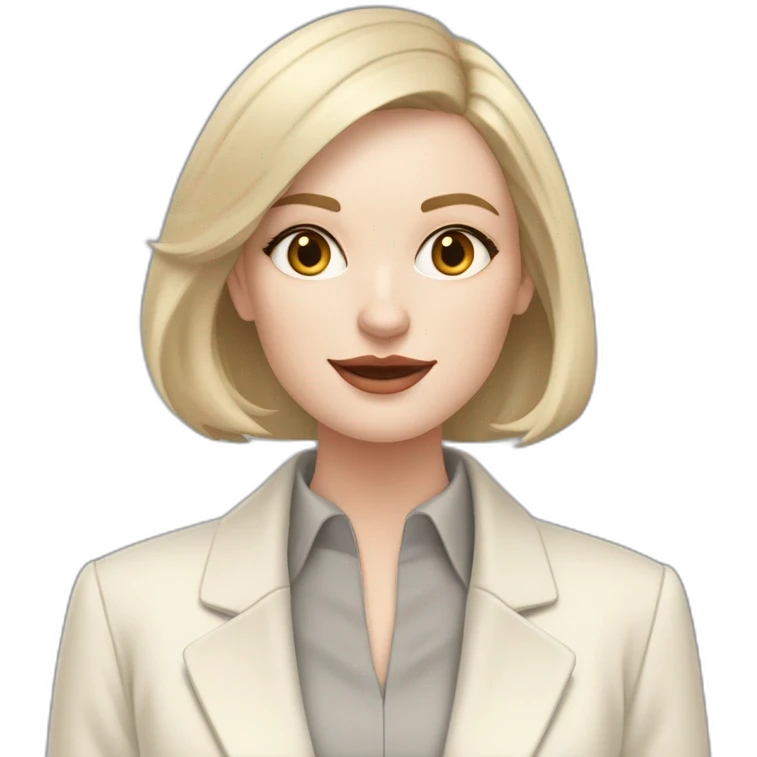 pale skin woman with ash blonde Straightened bob Hair, White Spacious classical jacket, beige palazzo Arrow pants and gray blouse holding a MacBook in the hands emoji