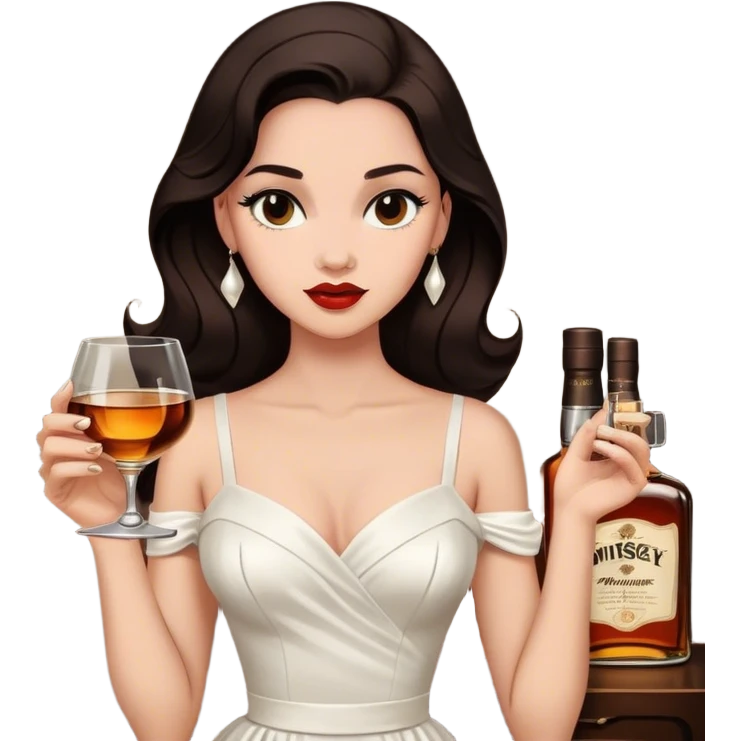 Beautiful woman in 1950’s woman fashion look, white dress, long dark brown hair, whisky with ice emoji