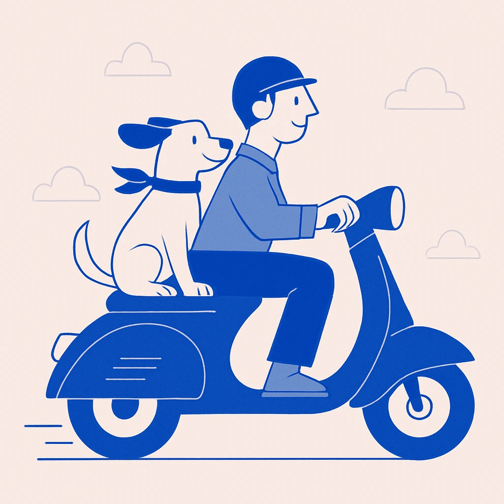 man and his pet dog riding a Vespa emoji