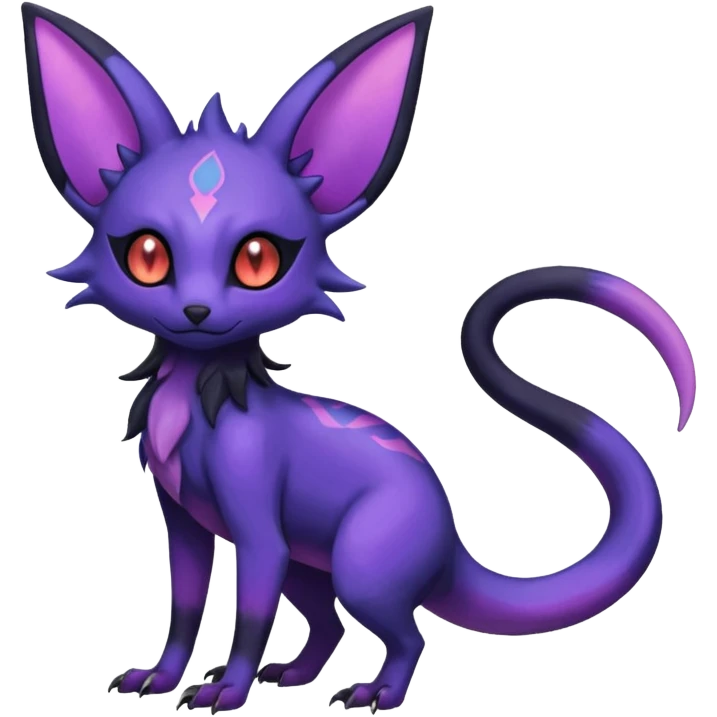 Rare epic aesthetic iridescent spooky gloomy colorful Salandit-Zorua-Espeon-Genet-species-Fakemon-hybrid-creature, with markings, full body emoji