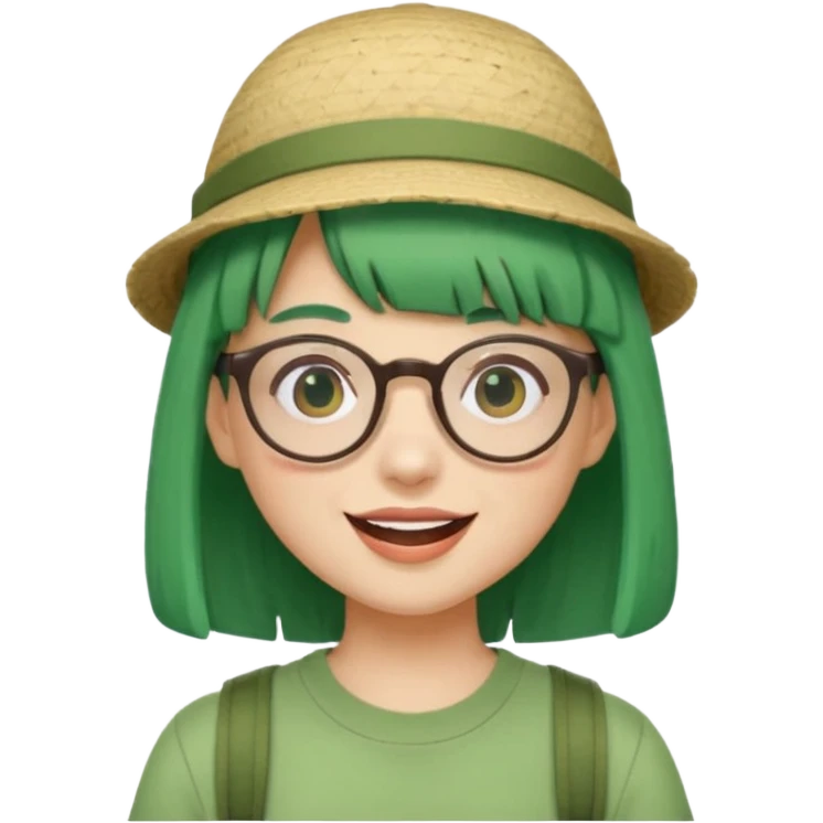 bangs, cute tourist hat, green hair very happy and glassess emoji
