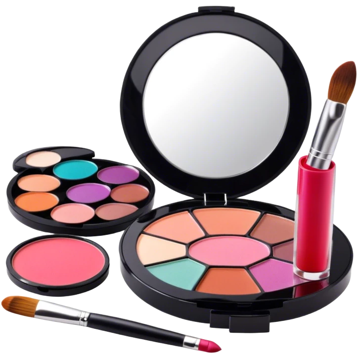 A photorealistic icon featuring makeup brushes, a lipstick being applied, an eyeshadow palette with colors in use and a compact mirror reflecting a half-done makeup look. The design captures the artistry and process of makeup with bright and realistic textures. Transparent background. emoji