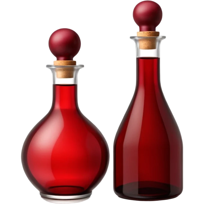 Red wine vinegar and oil bottles, elegant glass, dark brown to ruby, round or square base, slender neck, cork or metallic cap, dark glass, reflections, 3D clean style, transparent background, optimized for emoji size emoji