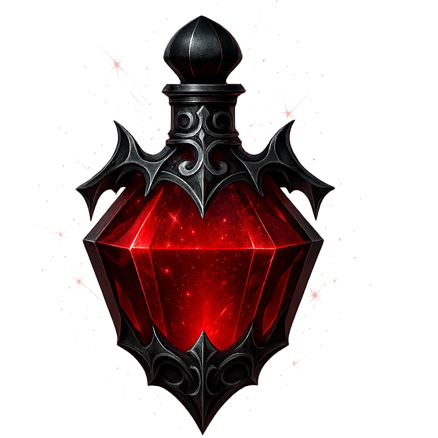 gothic vampire drink elixir bottle, dark red color, black and silver ornate details, ultra sharp edgy facets, extra intense magical glowing and sparkling effects, very small neck, seamless bottom, transparent background, floating, no base or shadow, modern, matching a collection emoji