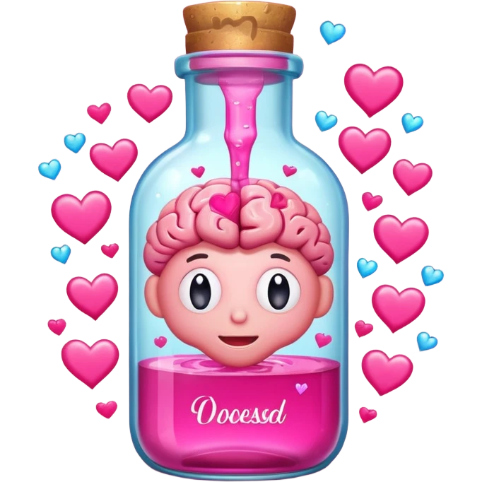 A cartoon brain inside a cute glass bottle with pink liquid, labeled “obsessed”, with hearts and sparkles swirling around. emoji