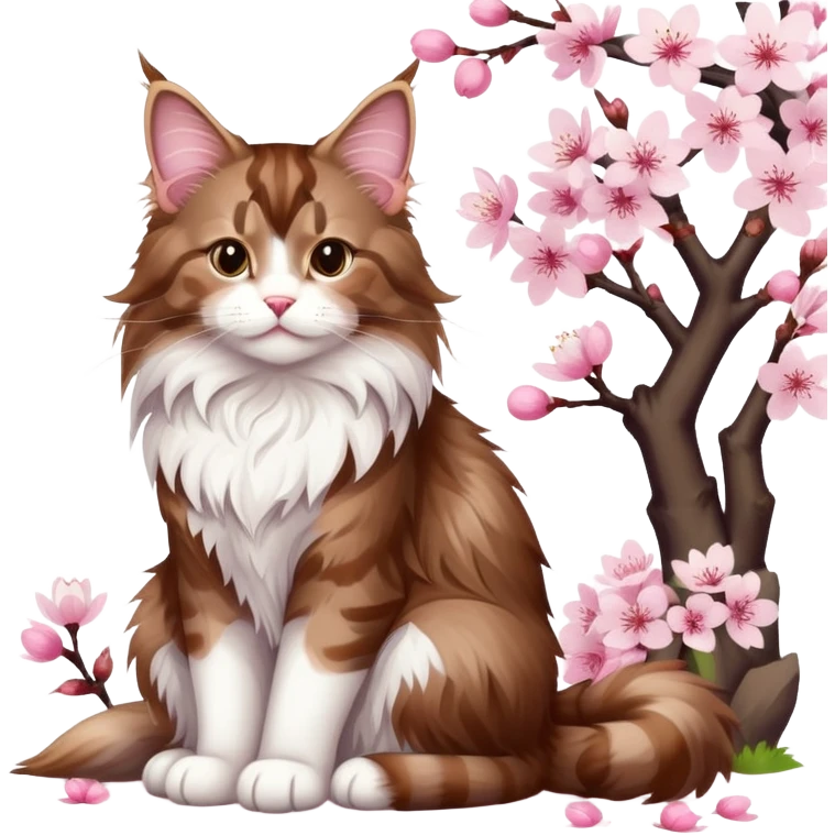 A cute  little  brown and white Maine coon and cherry blossom emoji