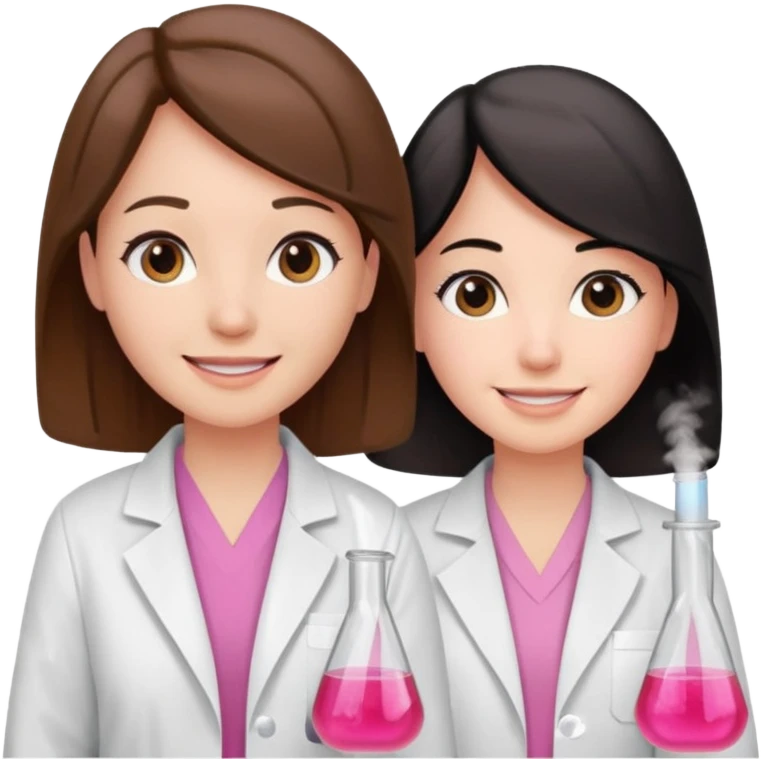 cientificas con blusa rosa y bata blanca felices, una chica con pelo marrón y otra chica con pelo negro emoji