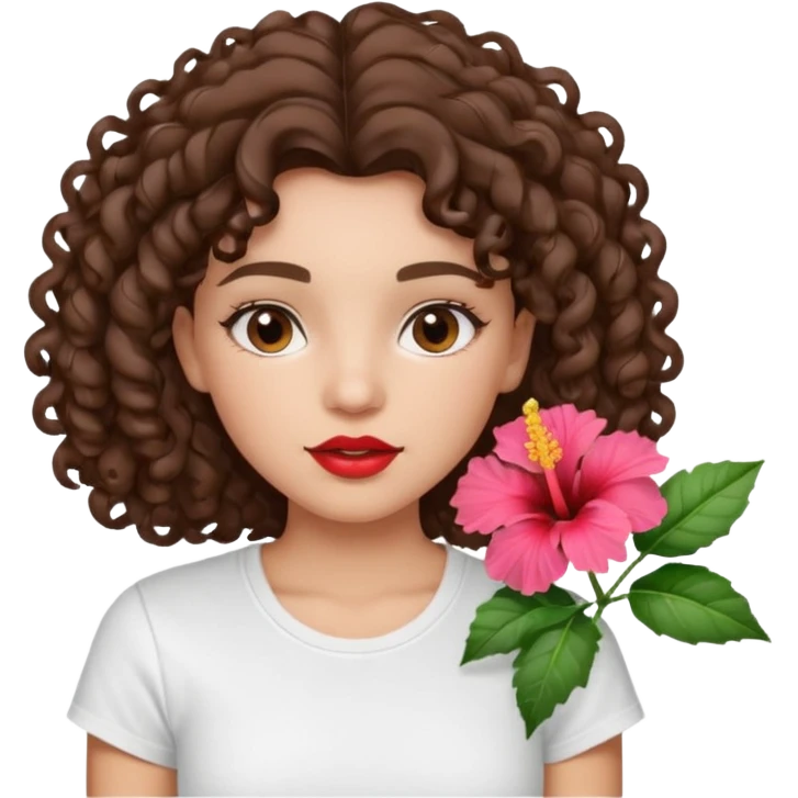 A brunette girl turned to the left side with curly hair with a hibiscus on her hair on her lips she has a brown pencil outline with gloss over it with a white t-shirt  emoji