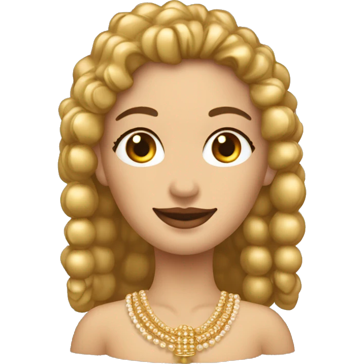 Mujer con rulos y flequillo que tiene pendientes de perlas y un colgante en el cuello dorado emoji