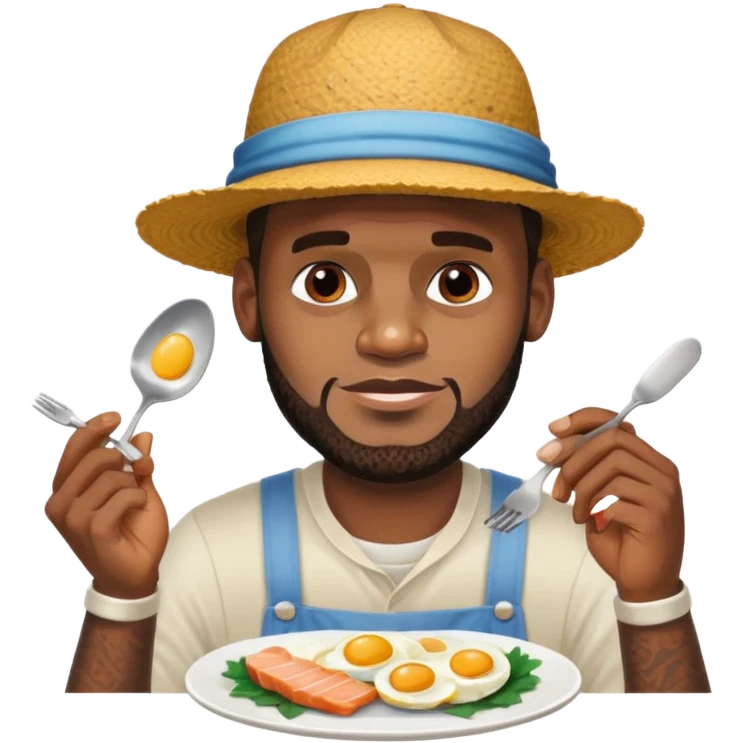 LeBron James with a fork, eating eggs and fish under bright sunlight emoji