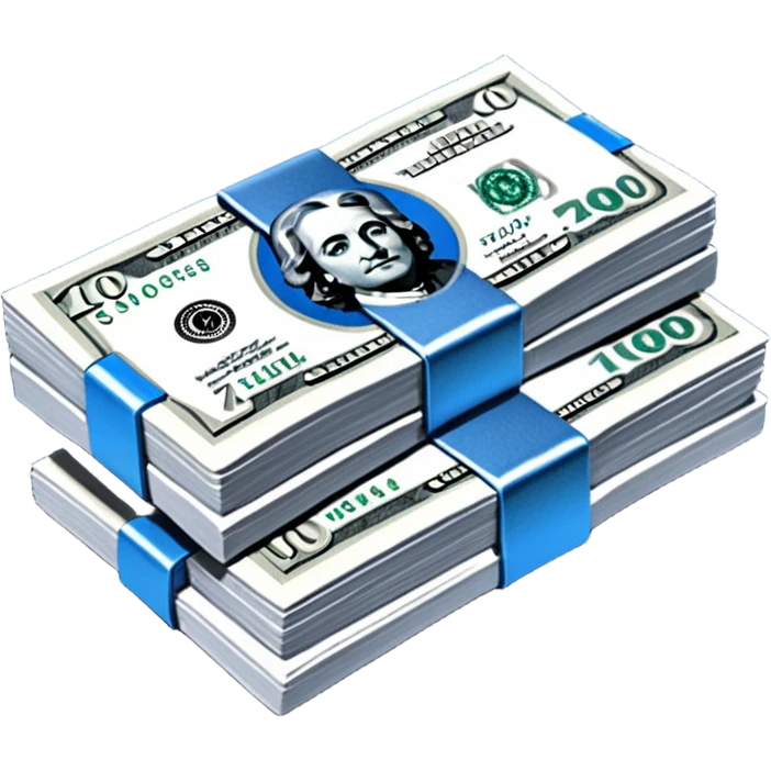 a neat bound stack of blue-and-white banknotes, koan bills , 90s futuristic, the band is dark gray emoji