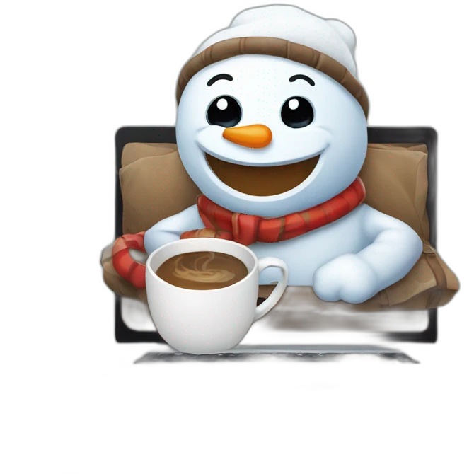 cute little snowman behind a laptop holding a coffee mug emoji
