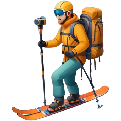 a snowy mountain peak in the landscape, with skis, a snowboard, an ice axe, a backpack and a camera. The icon should capture the adventure and exploration of mountain landscapes. Transparent background. emoji