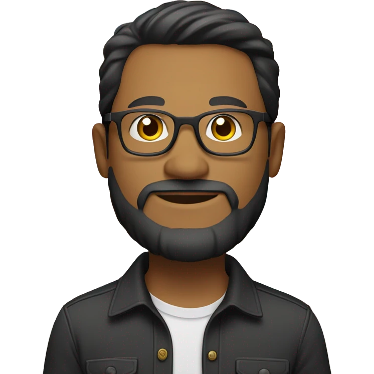 A man with glasses, medium dark hair, a little light skin and a beard wearing a black button-up shirt and light colored pants, standing in front of a colorful background with text. emoji