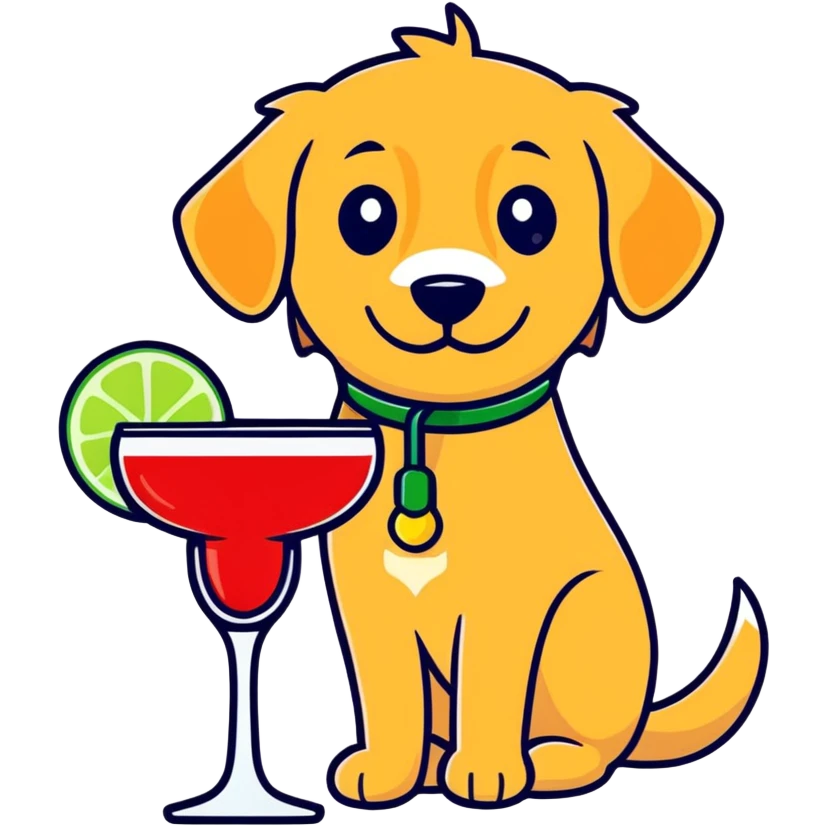 Red golden retriever holding a margarita with a lime emoji