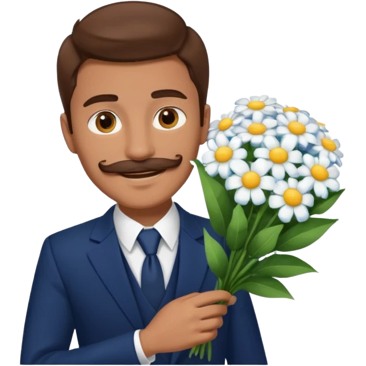 homme âgé 23 ans brun bronzé en costume bleu foncé souriant avec moustache portant un bouquet fleurs blanche  emoji
