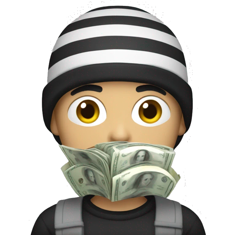 robber with grey beanie, striped black and white shirt,and bag of money emoji