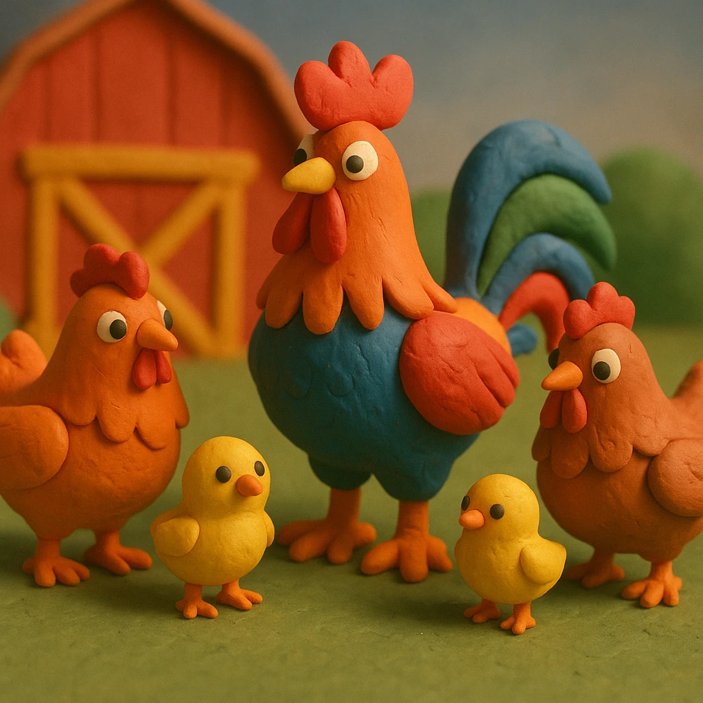 rooster with hens and chicks, cheerful farmyard scene, colorful and cute in claymation style emoji