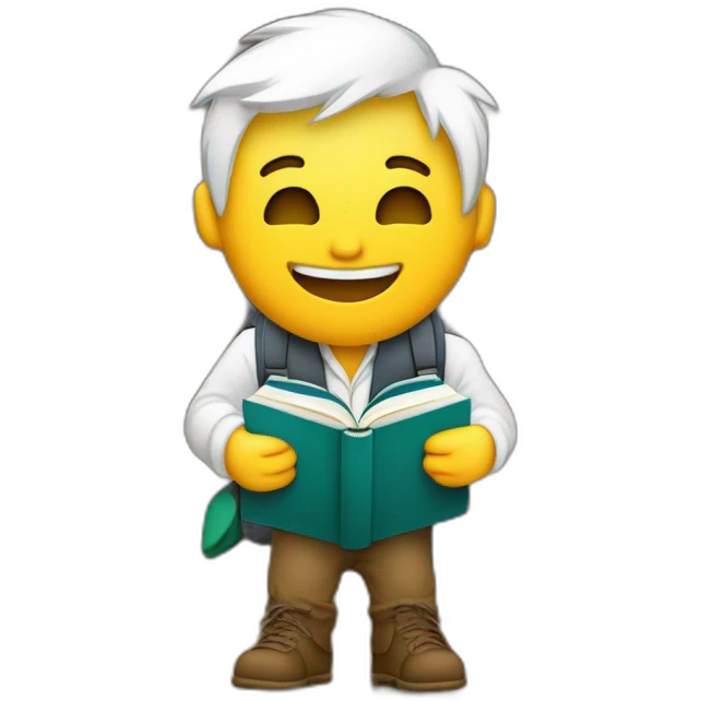 joven estudiante de piel blanca,  con muchos pero muchos  sus libros y su mascota, llamada jack, riendo y muy feliz emoji