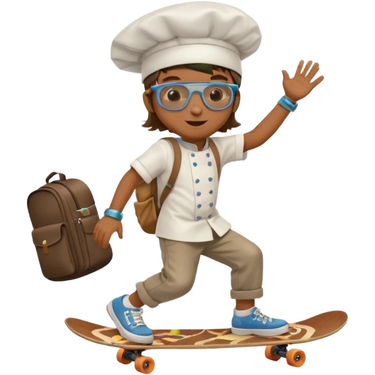 ["A happy boy with brown skin, straight hair, wearing a chef hat and sunglasses, dressed in hippie fashion, is skateboarding while holding a backpack."] emoji
