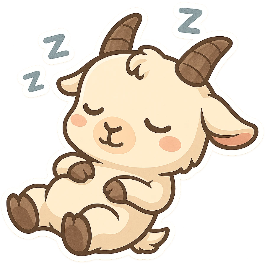 chibi goat, taking a nap, lying on its back, little Z's above, simple background emoji