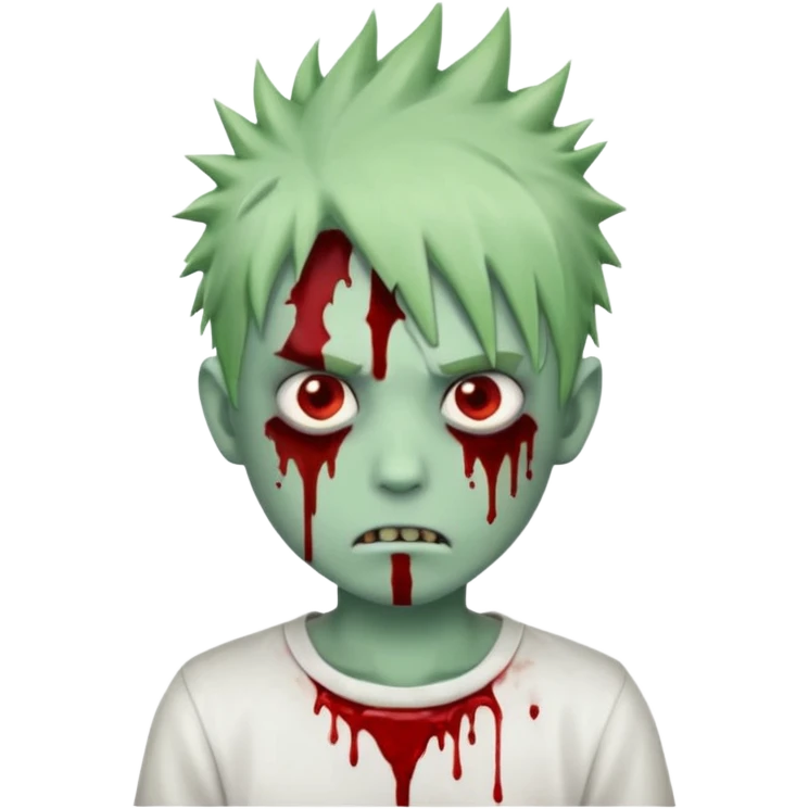 boy zombie emoji with pale whitish green skin, spiky anime hair, blood coming out of eyes, blood on white shirt emoji
