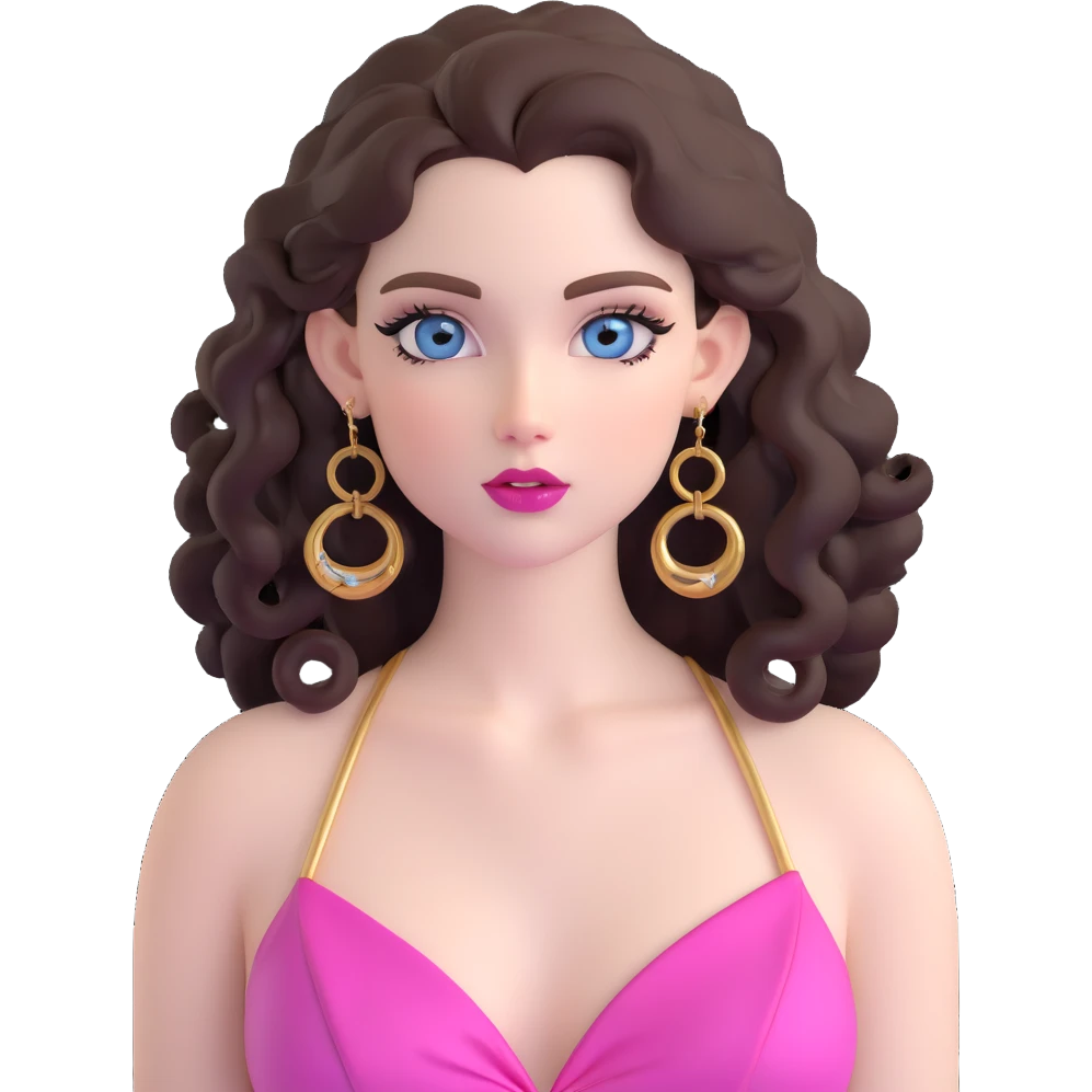 beautiful girl with big blue-grey eyes, long lashes, pale skin, pink lips, long voluminous dark brown curls, confident expression, gold hoop earrings, silky revealing halter top emoji