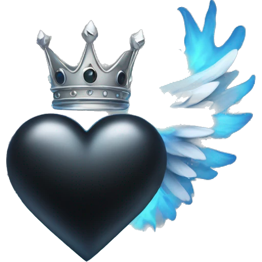 Black colored heart with wings and blue flames and a silver crown emoji