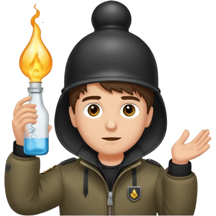 erstell ein bild Von eine jungen der braune augen hat eine sturmhaube trägt und eine Jacky flasche in der Hand hebt plus eine Jacke mit schwarzen fell emoji