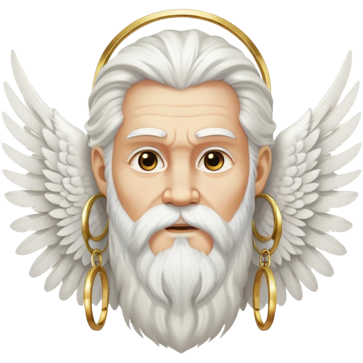 Zeus-like deity with large white feathered wings, long white hair and beard, wise expression, gold hoop earrings hanging from ears emoji