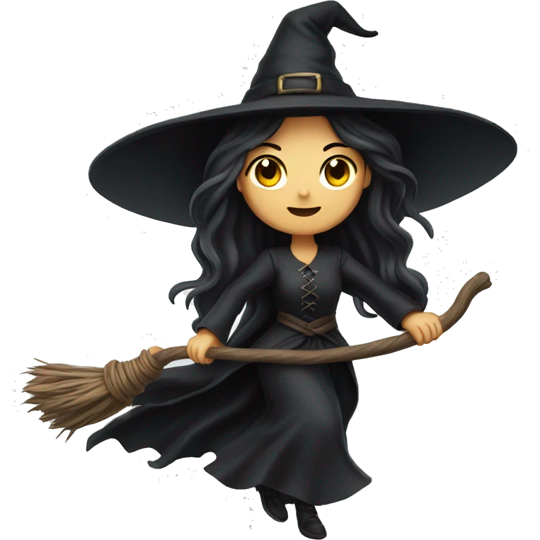 dark long hair witch flying on a broom white skin emoji
