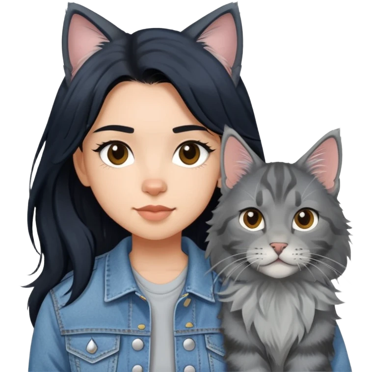 girl with black hair wearing denim jacket with gray maine coon cat emoji